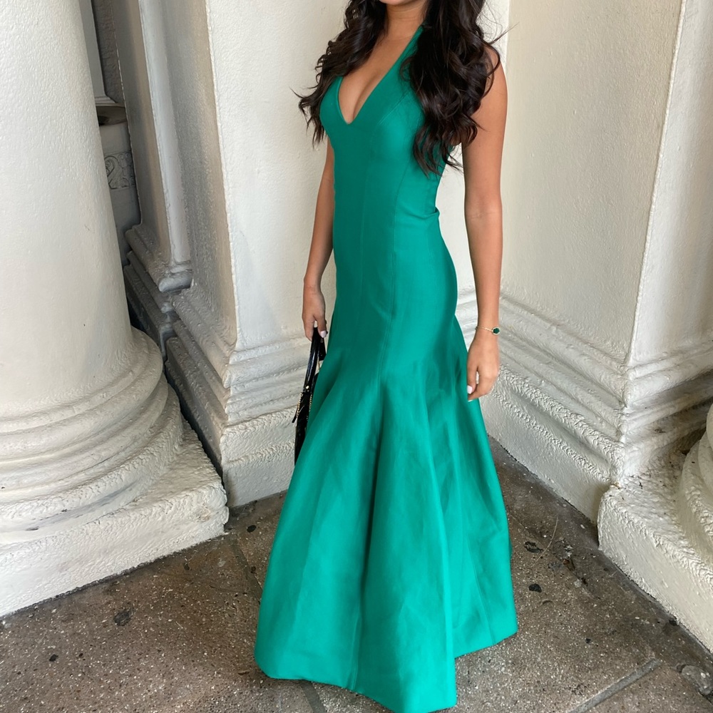 Halston Heritage Emerald Halter Tulip Hem Gown